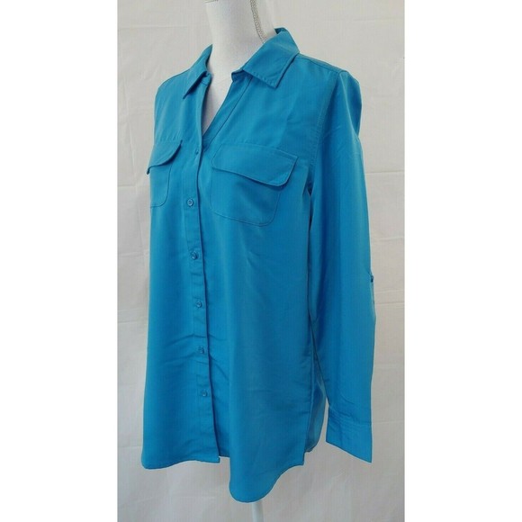 D&Co Denim & Co Womens Top Small Long Sleeve Blue Tunic Button Front Career - Picture 2 of 6